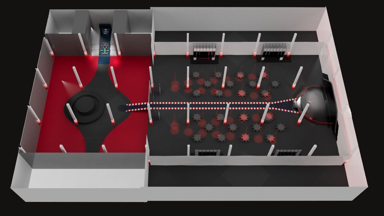 3D plan of the venue: arrival lounge with the car, dining hall with the runway leading to the stage