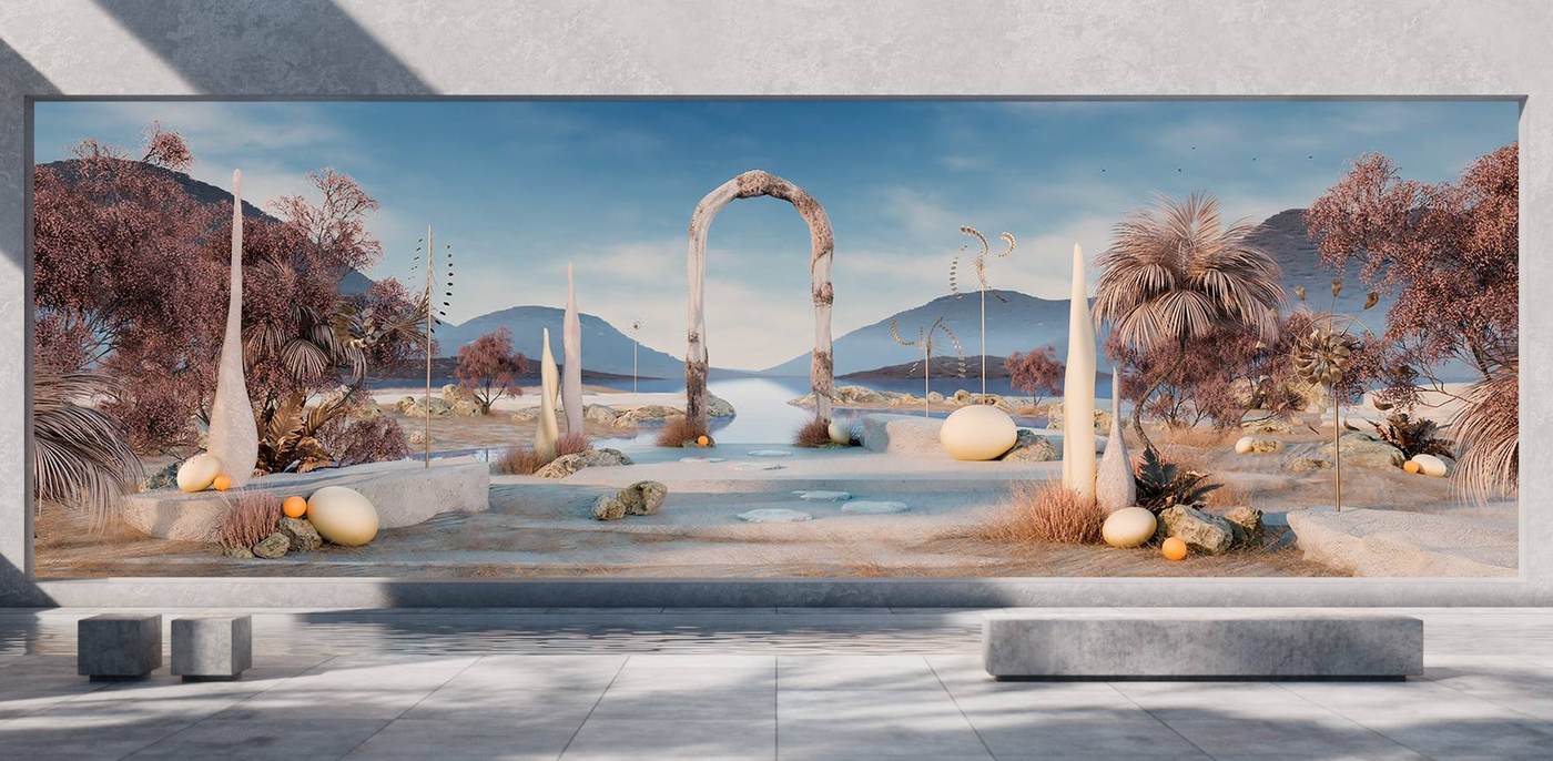 Render of a dreamlike oasis on a lobby LED wall, daylight