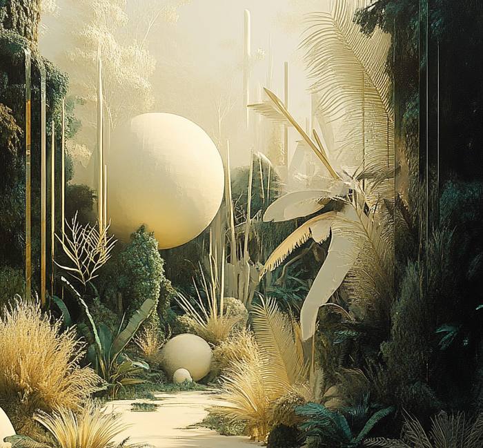 Mood image, pearl sphere in golden jungle