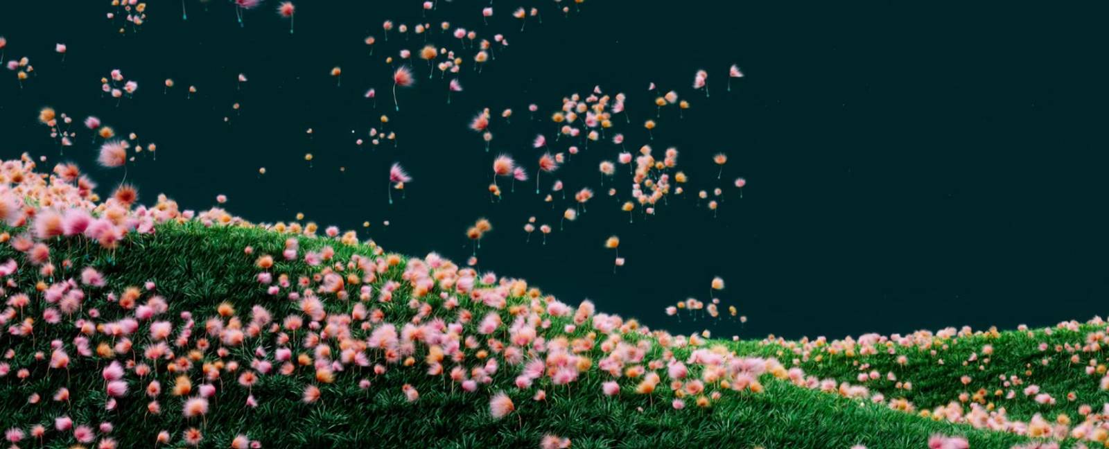 Meadow of pink blossoms drifting on a dark green sky