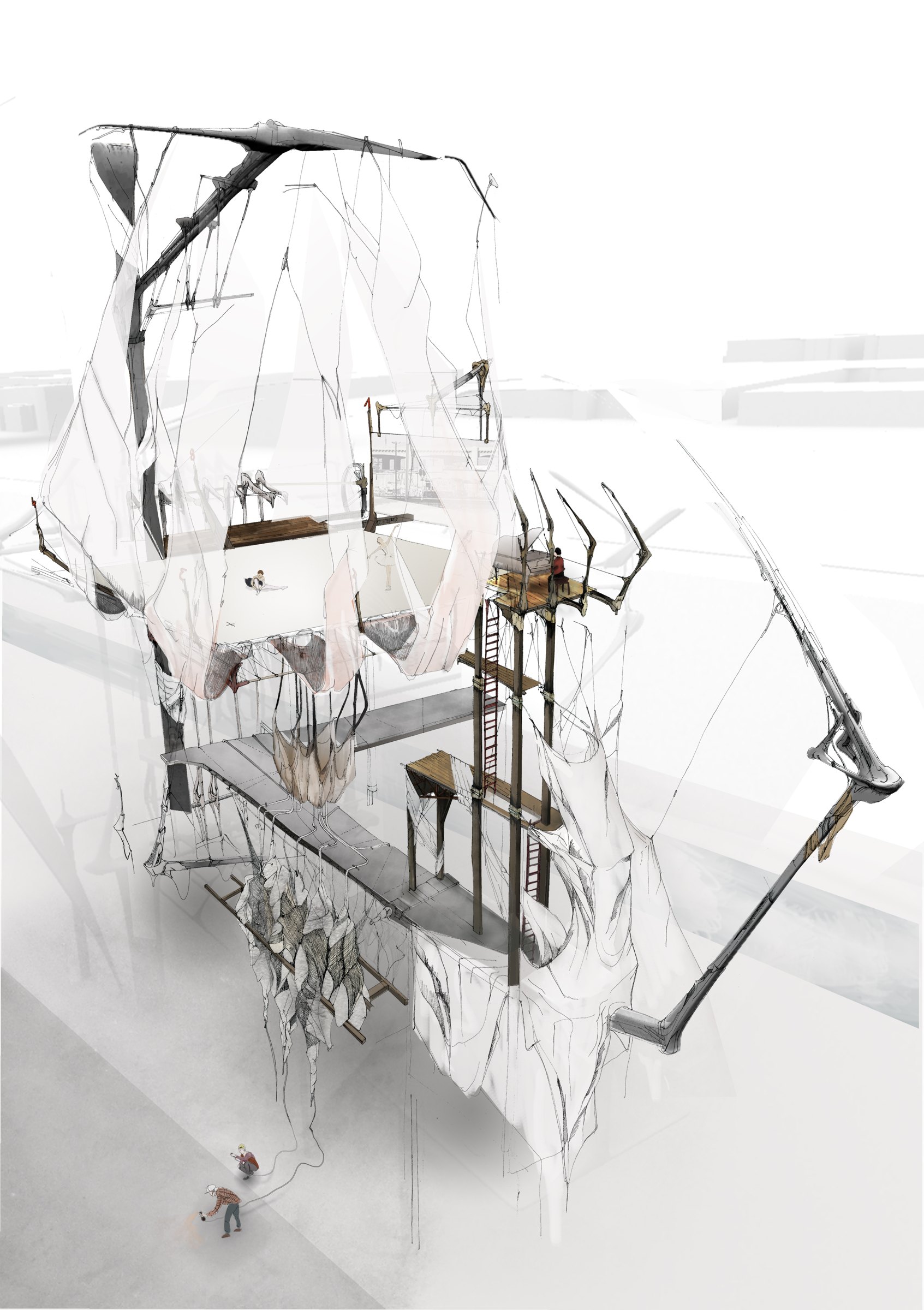 Axonometric drawing of the suspended ballet school above the Los Angeles River, with dancers, a pianist and hanging fabrics
