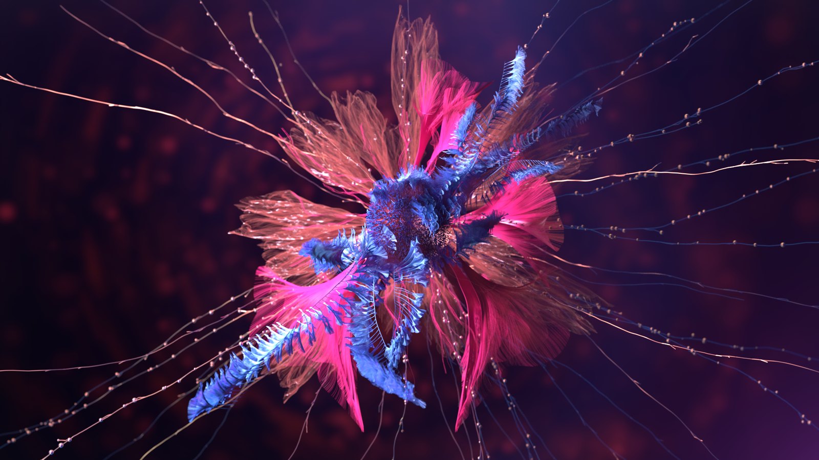 Concept art for Symphony: an explosive flower of pink petals and blue fronds